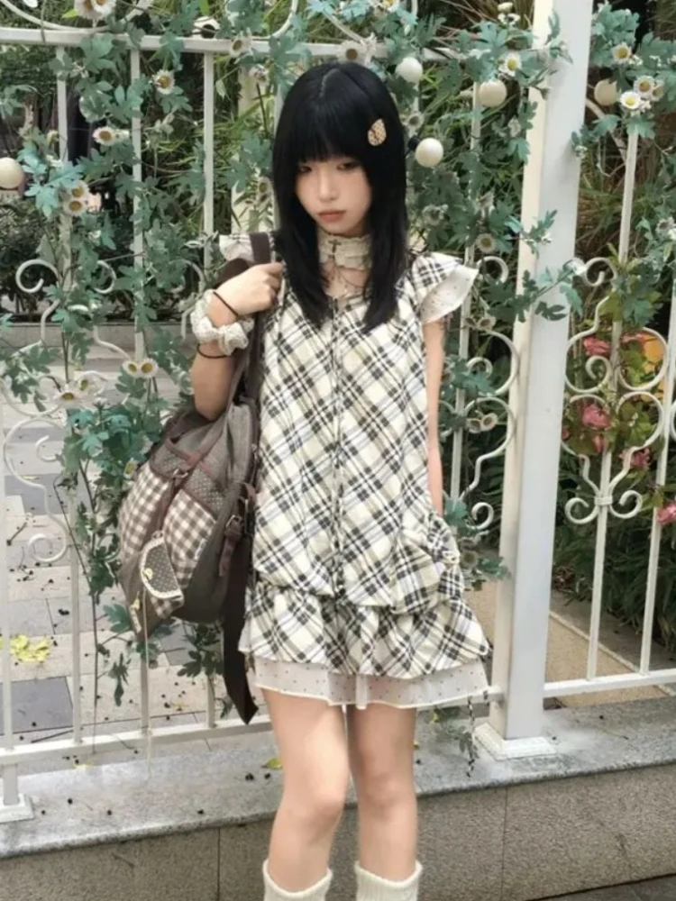 Japanisches Vintage-Karokleid für Damen, lässig, mit Rüschenärmeln, Taschenverzierung, mehrlagigem Rüschensaum, niedliches, weiches Mädchen-Preppy-Minikleid-Outfit