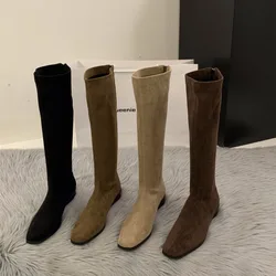 Luxury Designer Vintage Women Knee High Boots Fashion Square Low Heel Shoes Concise Slim Long Botas De Mujer