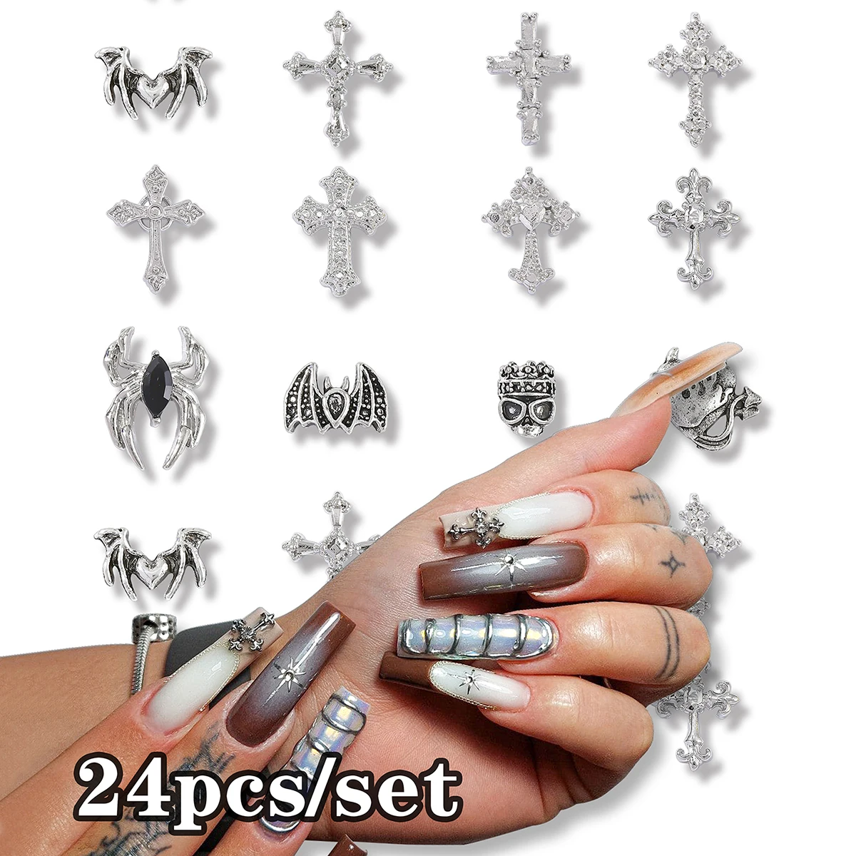 24 Stück Dark Wind Kreuz Totenkopf Spinne Fledermaus Nagelkunst-Dekoration, Y2K Metall Nagelkunst-Steine, Vintage Gothic DIY Nagelkunst-Dekoration