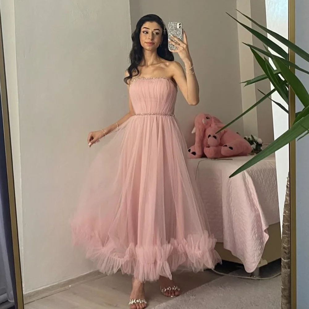 Customized Chinese Style Net Draped A-line Strapless Midi Dresses Homecoming Dresses Formal Casual Simple Retro Fashion Elegant 