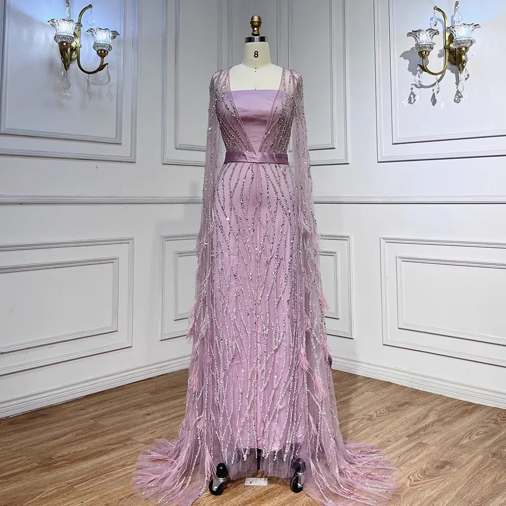 2024 New Luxury Feathers Evening Dresses with Cape Sleeves Arabic Women Wedding Party Gowns Formal Prom Dresses