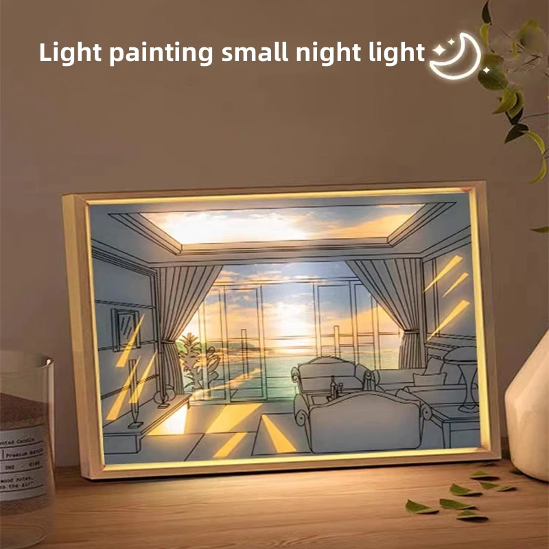 New Creative Design Painting LED USB Night Light Photo Frame Living Room Home Decoration Hanging Picture Atmosphere Lamp Gift