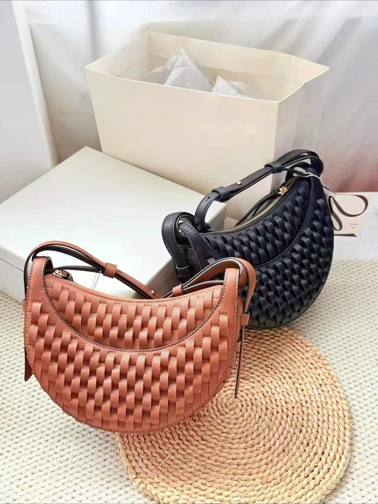 

Women's Handbag Saddle Bag One Shoulder Oblique Span Bag Cowhide Crescent Moon Bend Woven Bag For Women for Girl Gift