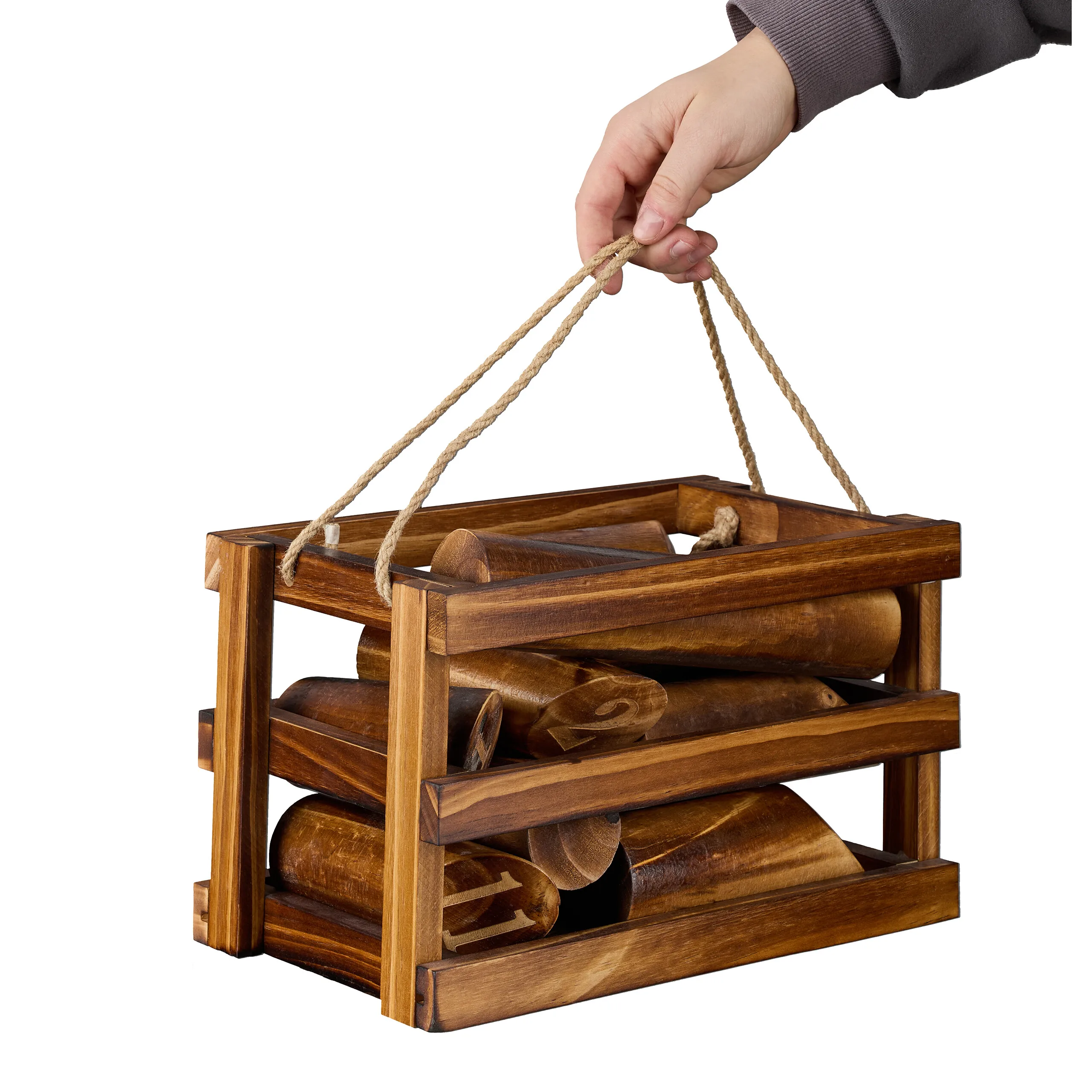 Juego Kubb, juego de lanzamiento finlandés de madera, para jardín, parque y camping, con bolos numerados, caja de madera y bolsa, Relaxdays
