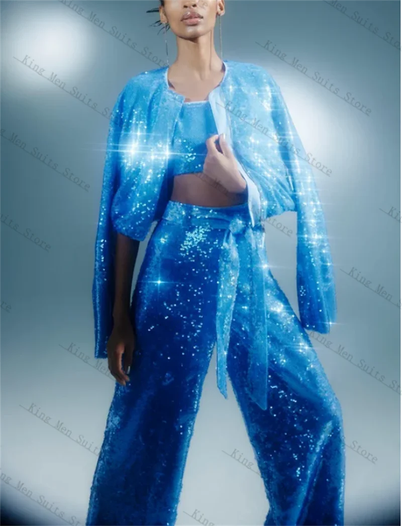 

Blue Sequins Women Suit Set 2 Piece Blazer+Pants Trousers Customized Shiny Formal Guest Wedding Tuxedos Party Coat Jacket