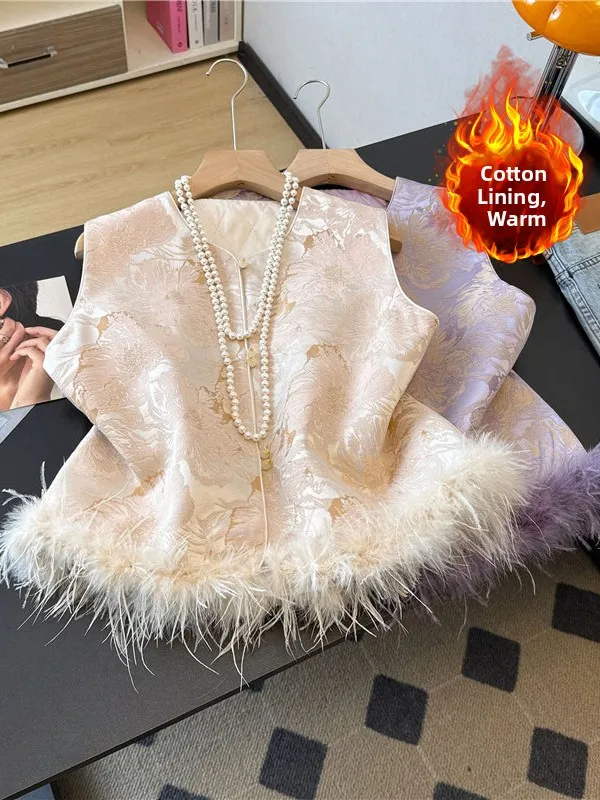 

New Chinese Sle Embroidered Ostrich Feather Patchwork Cotton Vest round Ne Svel Tang Suit Top Women's Faion