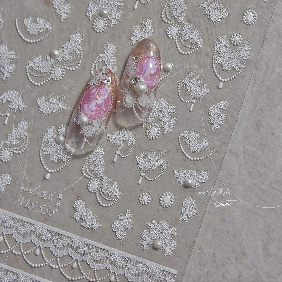 Autocollants de manucure en tissu de fleur de dentelle romantique français, pendentif de perle, Portrait, nœud papillon, impression Textile, autocollants délicats pour Nail Art