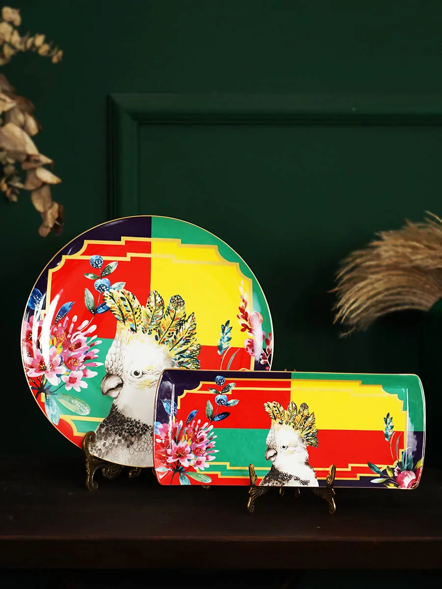 

Cerc Decorative Plate with Parrot Pattern for Home Use Western Dinnerware round ape And Long ape Available