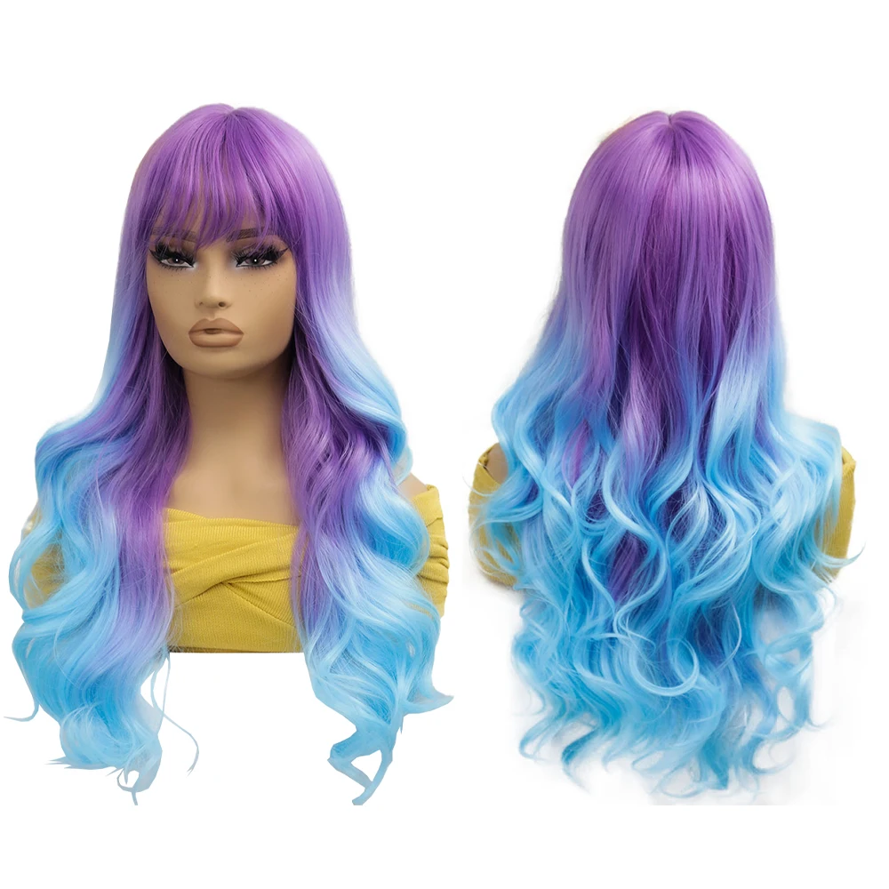 Long Wavy Colorful Cosplay Wig With Bangs For Women Heat Resistant Synthetic Full Head Wig Halloween Party Costume Daily Wear