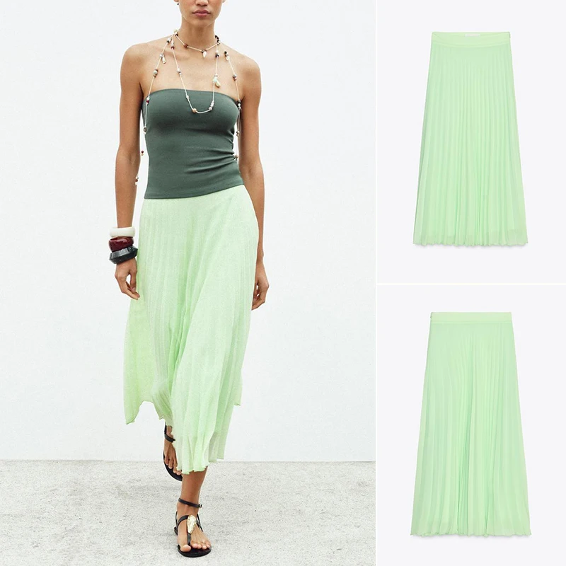 

Summer New Women's High Waist Midi Skirt Pleated Beach Vaion Sle Commute Stand Fit Polyester Fiber 00% Pure Color