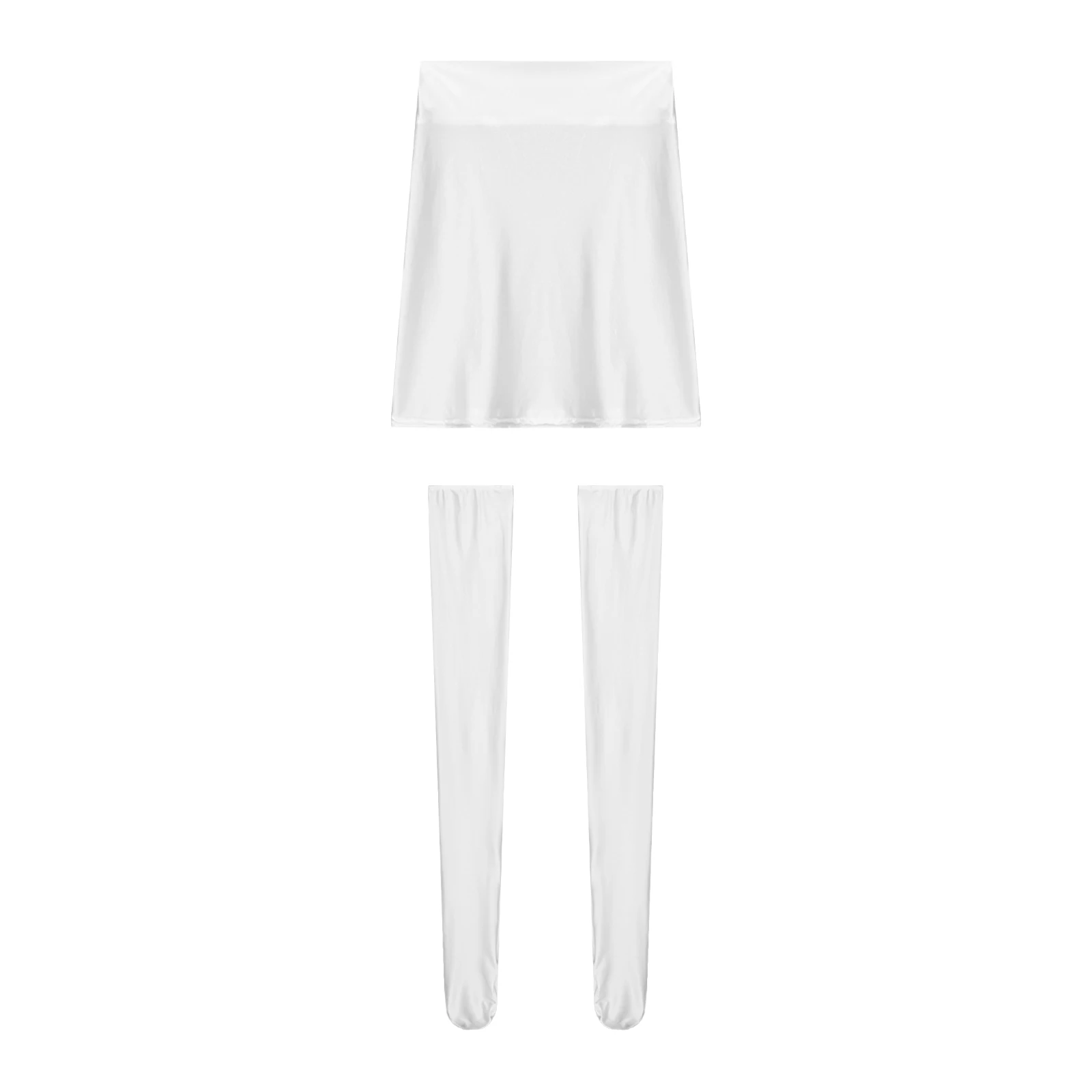 Tiaobug Womens 2 Stuks Goede Stretchy Glanzende Effen Witte Hoge Taille Nylon Mini Rok Met Kousen Nacht Club Lingerie Pak outfits