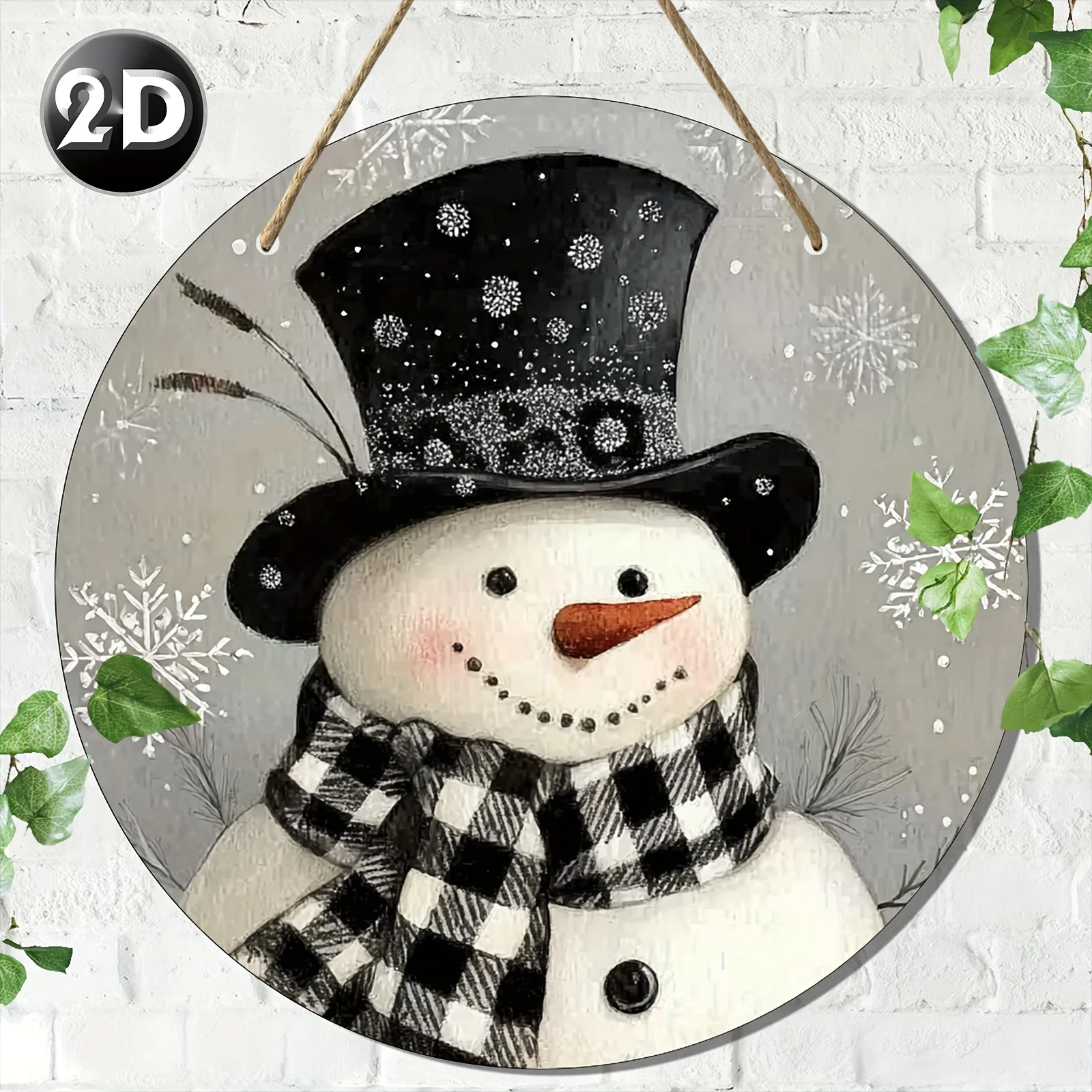 2D Flat - A 2D Flat Design Featuring a Snowman (5) Themed Round Wooden Sign Decorative Art Piece, Made with High-Quality Materia