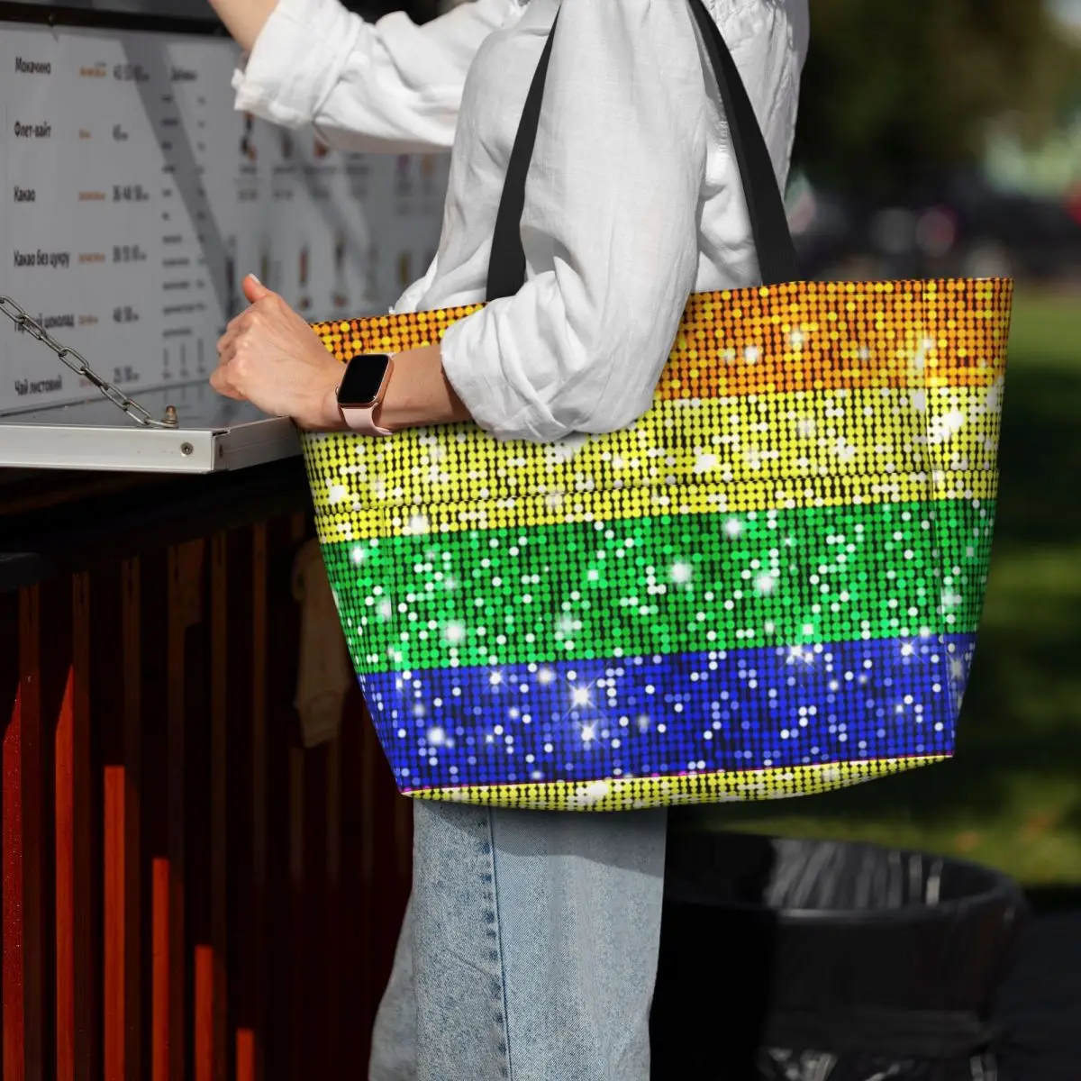 Faux Glitter Rainbow Pride Flag LGBT Gay Lesbian Beach Tote Bag Sport Gym Yoga Duffle Large Tote Bag Women Travel Bag