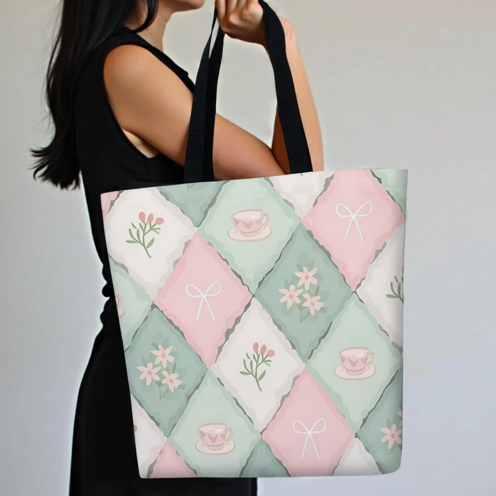 

French-style Fresh Pastoral Canvas Tote Bag for Women, Pink, Green and White Soothing for Shopping or Studying Shoulder Bag