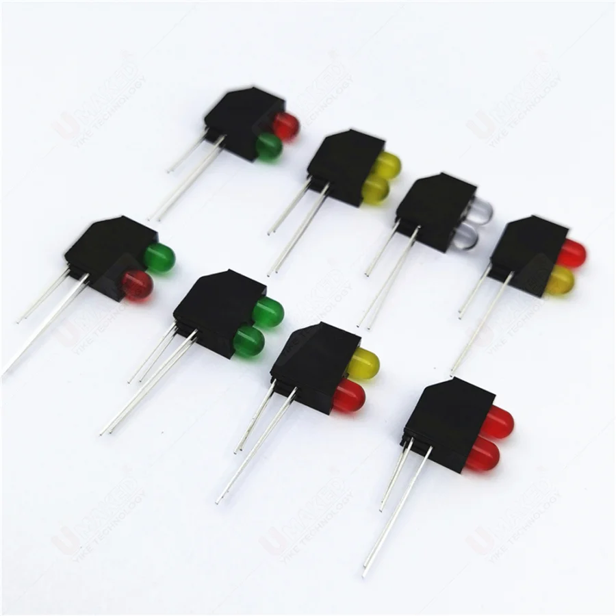 10Pcs Right Angle Pins for 2leds F5 diodes Pan Head LED Diode Beads With Black Plastic Holder, Left Pins Positive+