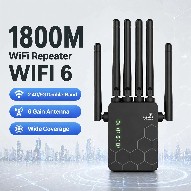

1200M 5G WiFi 6 Signal Booster with 6 Antennas Router Extender for Smart Routers Wall Penetration Wide Coverage Office Cafe Use