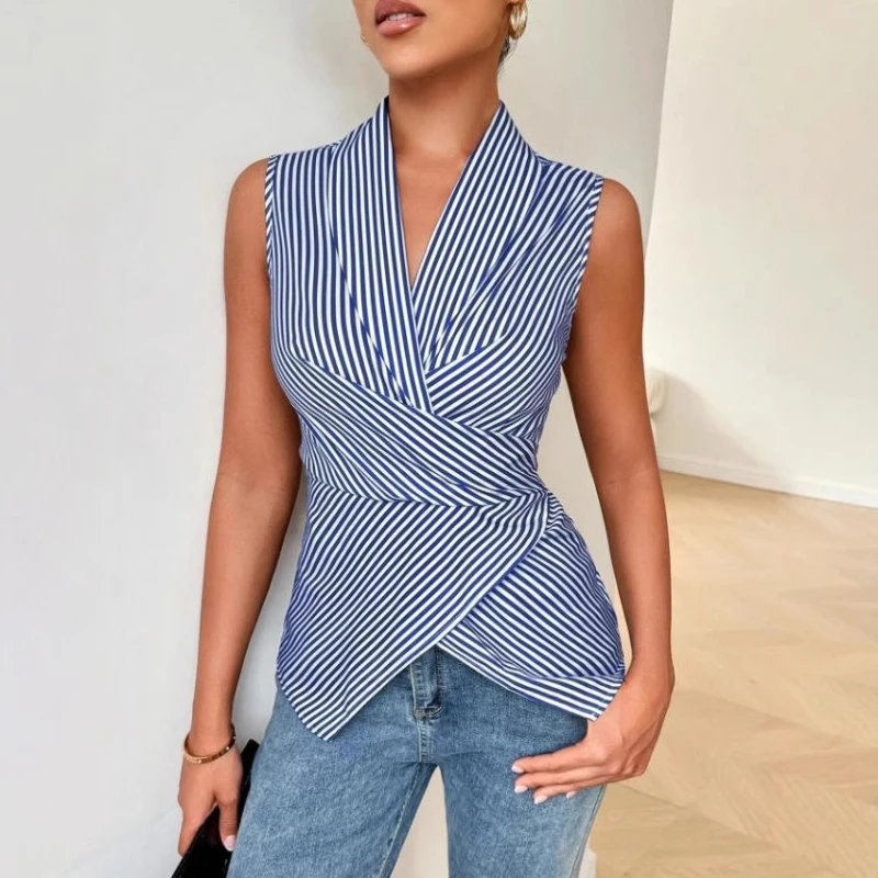 

Summer Cross-border Women's Shirt with Striped Buttons on The Back, Sleeveless V-neck Shirt with Gentle Temperament Atmosphere