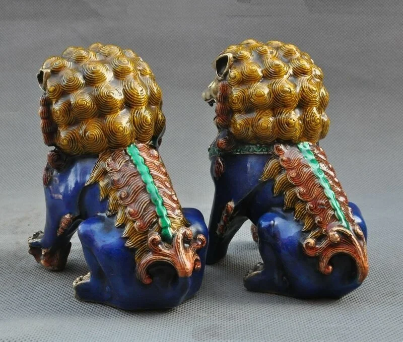 زوج قديم فنغشوي البرونزية مصوغة بطريقة الحرس فو فو الكلب الأسد الوحش تمثال #3