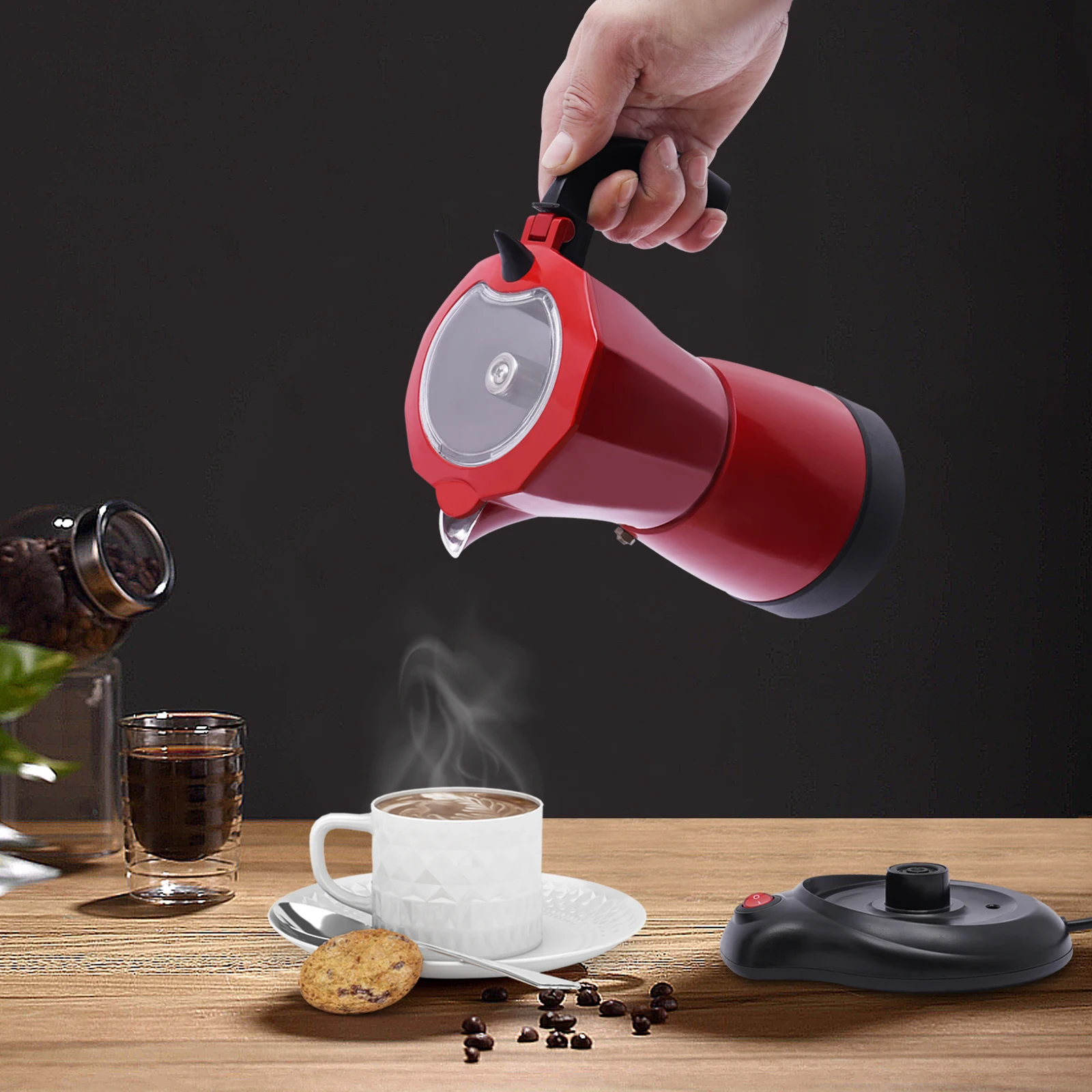 220V 480W Elektrische Kaffeekanne EU-Stecker 300ML Kaffeemaschine Espresso-Kaffeemaschine Italienische Mokkakanne für Zuhause, Café, Büro Rot