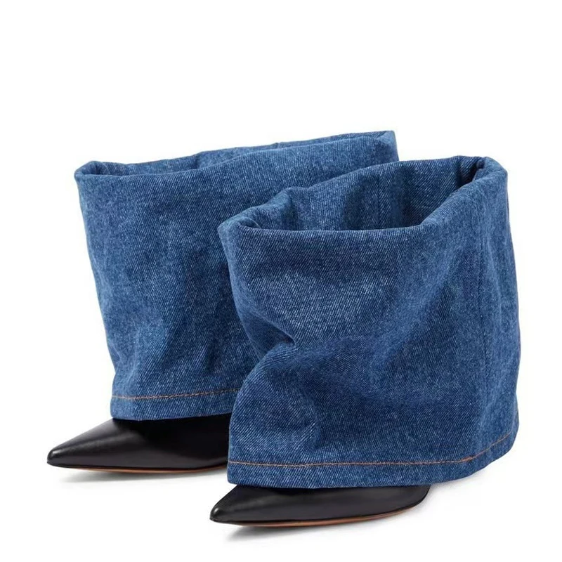 Two Tone Denim Fold Over Slip-On Ankle Boots Woman 2026 Sexy Pointed Toe Cat Heel Booties Streetwear Fashion Jean Cuff Boots view 3
