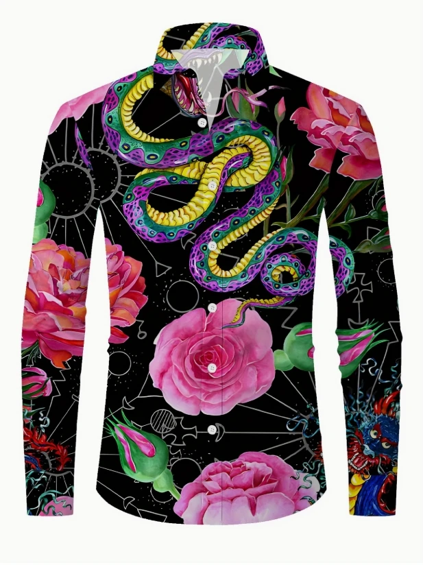2025 Men'S Mature Floral Print Button-Up Shirt - All-Season, Regular Fit, Long Sleeve, Lightweight Fabric,