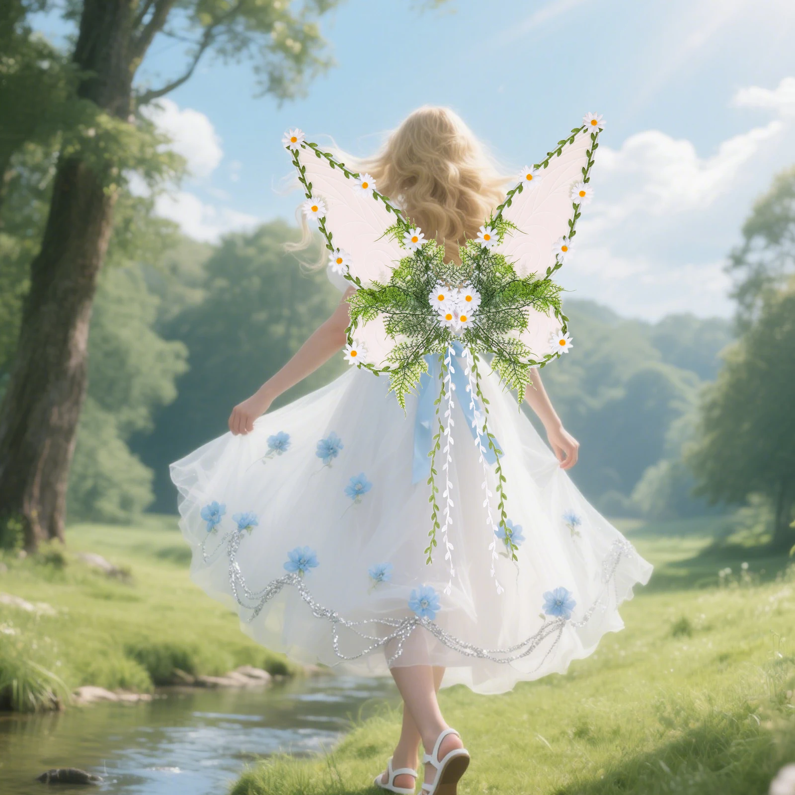 

‌Midnight Garden Fairy Wings - Butterfly Wings+Silver Star Rod with Enchanted Flower Veil - Mystical Cosplay & Photography Prop