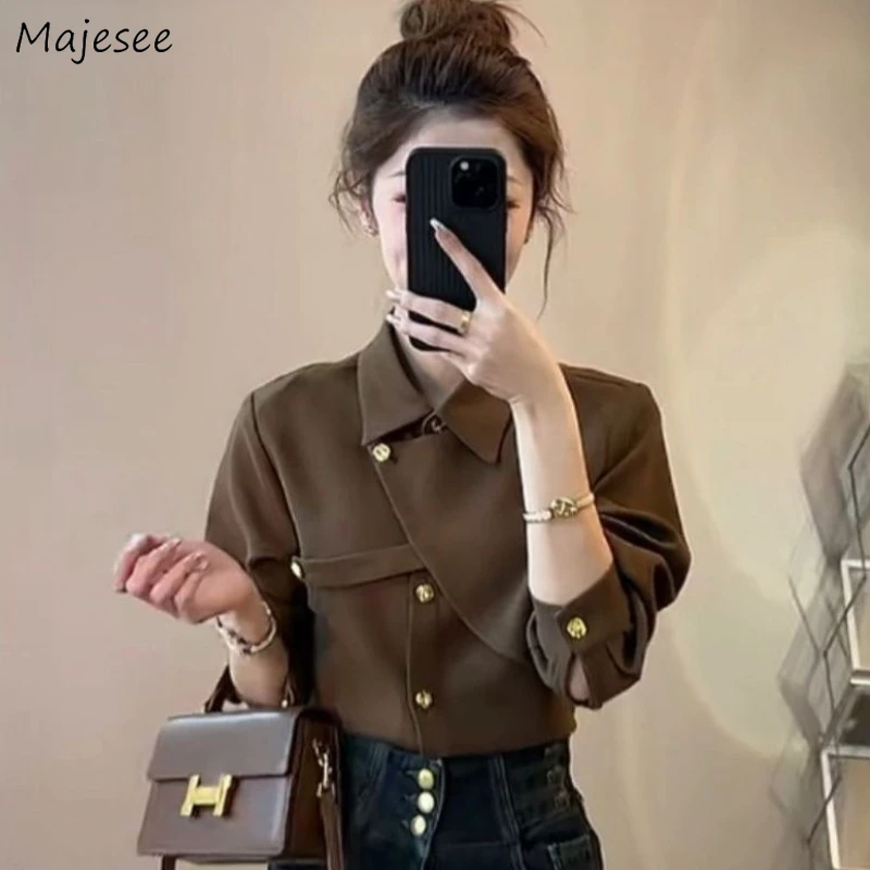 

Women's Long Sleeve Shirts Autumn Winter New Style Chic Asymmetric Design Vintage French Graceful Button Office Ladies Camisas