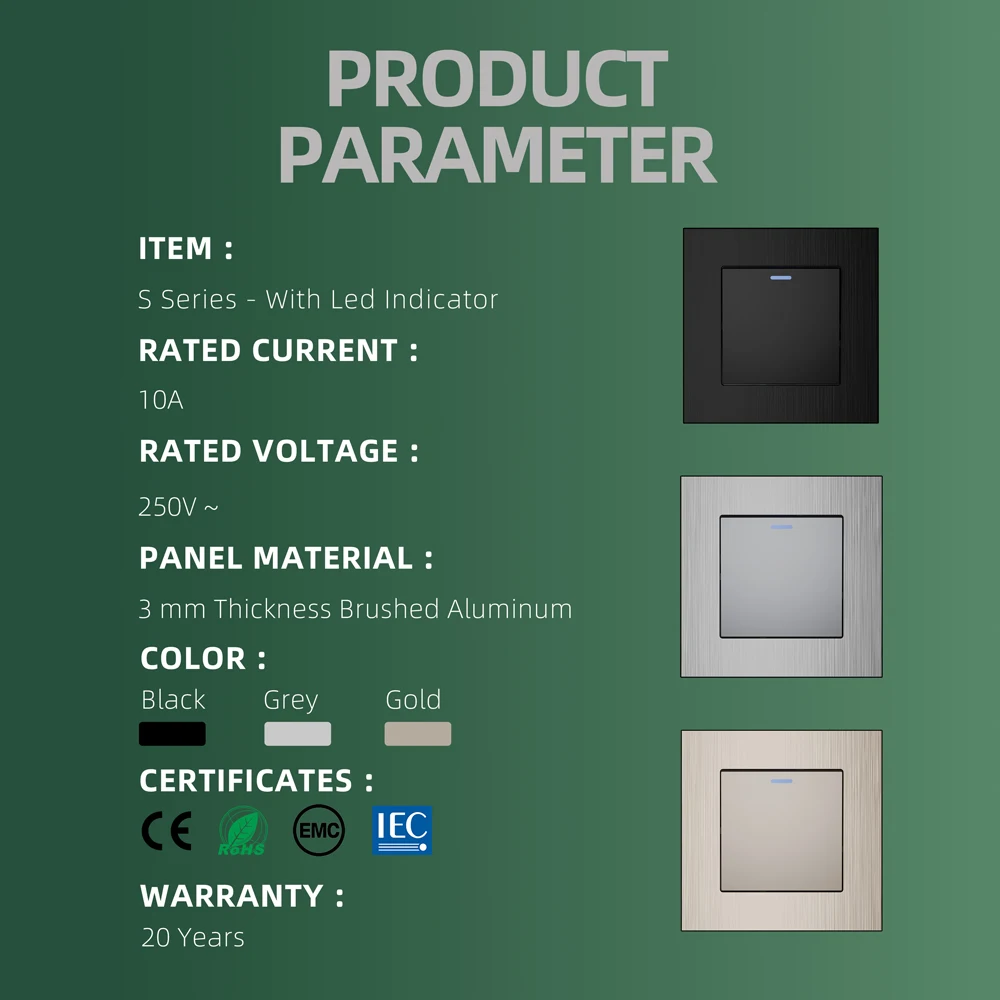 EU standard 86*86mm switch Aluminum brushed panel LED light switch One switch single control double control wall switch CE Rohs