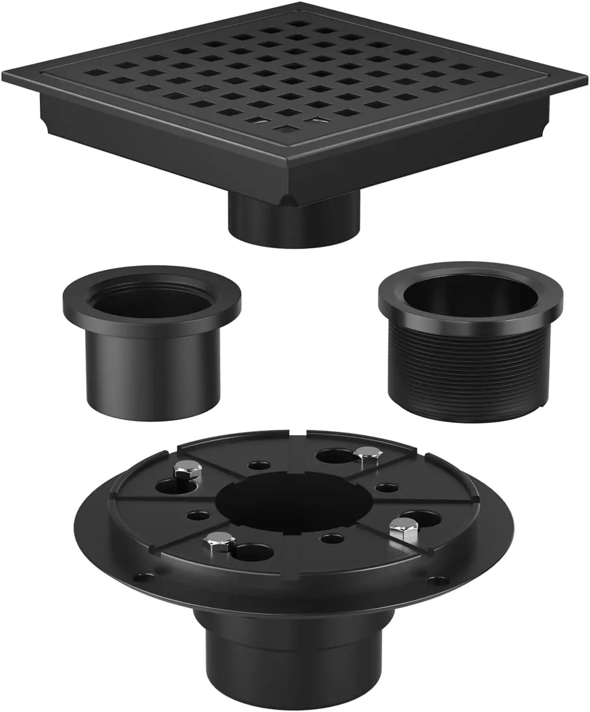 Matte Black 6-Inch Square Shower Drain SUS 304 Stainless Steel With Quadrato Pattern Removable Floor Drain Flange