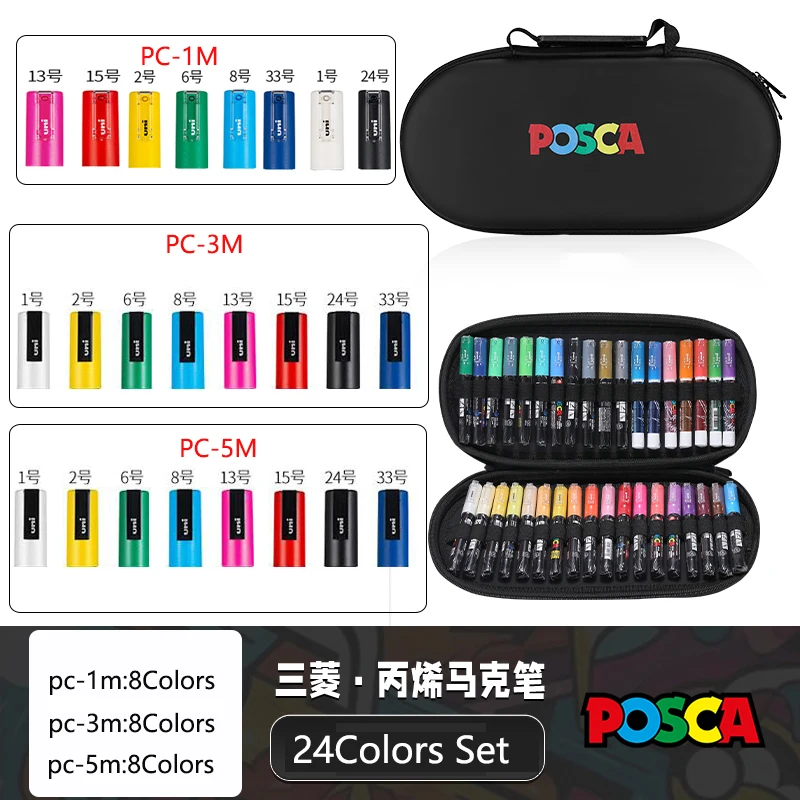POSCA acrylstiften georganiseerd in tassen, 0,7-2,5 mm schoolkleurpennen, handige originele Japanse professionele kunstverfbenodigdheden