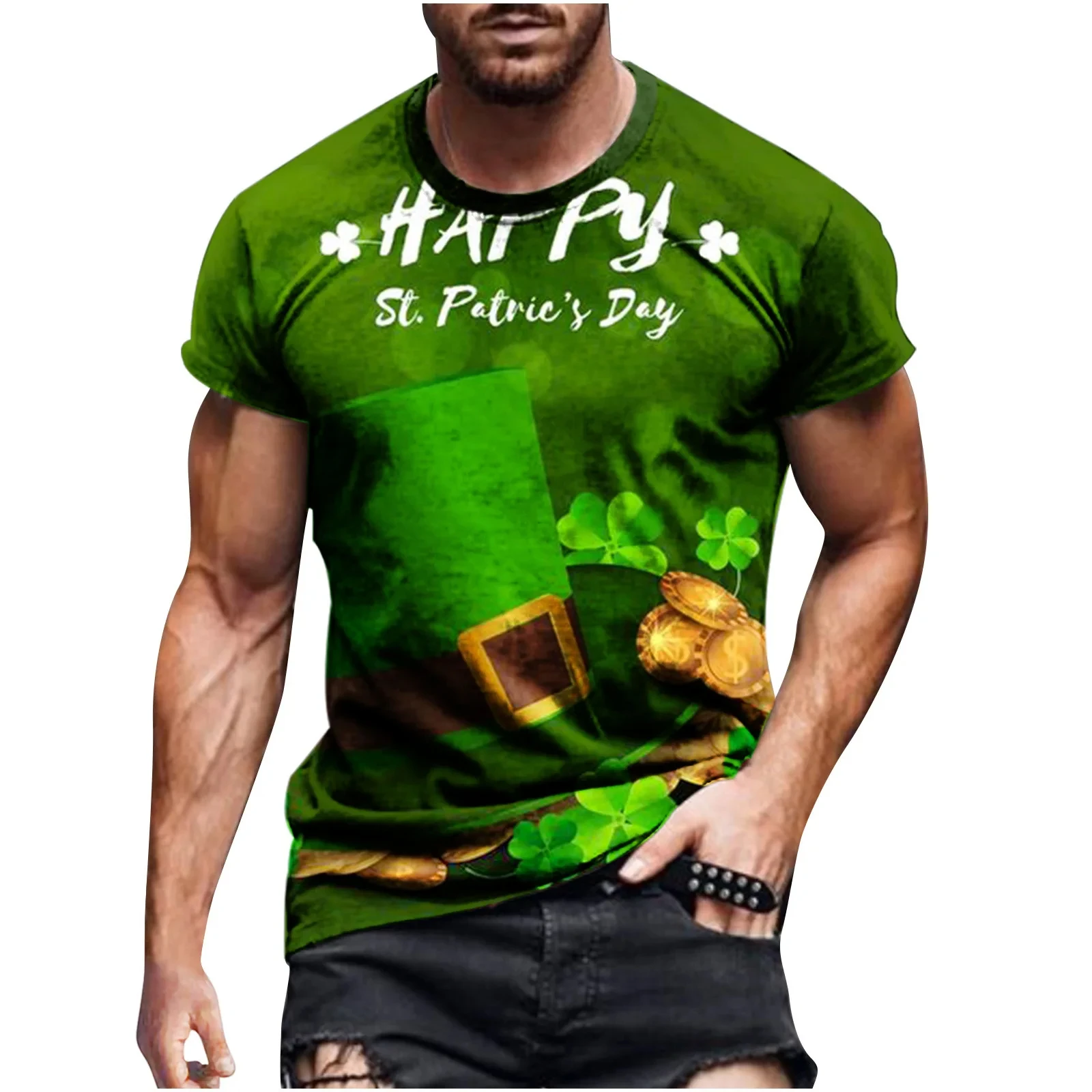 New Men's T-shirts Fashion The Four-Leaf Clover Picture Casual 3D Print Tees Hip Hop Personality Round Neck Funny Short Sleeve