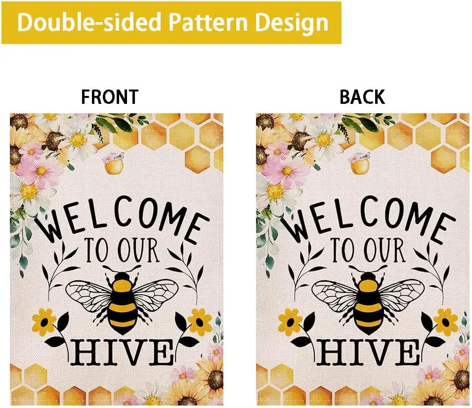 علم الحديقة الصيفي مرحبًا بكم في خليةنا مقاس 12.5 × 18 بوصة مزدوجة الجوانب للربيع والصيف على شكل نحلة ديكور خارجي FFI