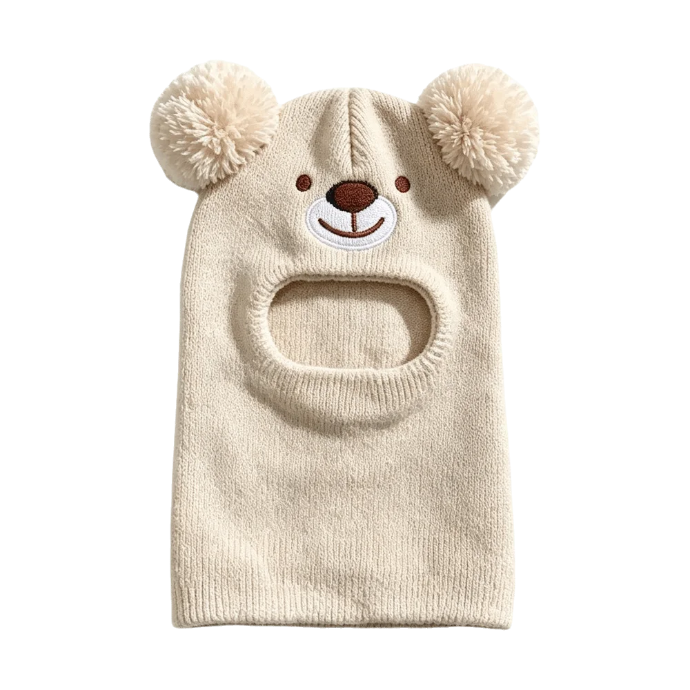 Cartoon Bear One-Piece Knitted Hats Double Pom Poms Windproof Bear Headscarves Full Coverage Face Opening Bear Balaclava Hat