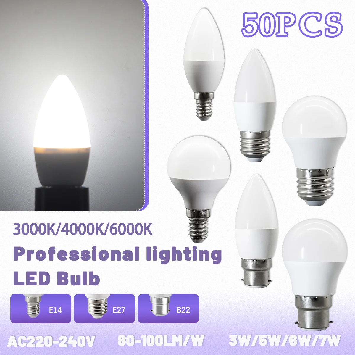 50PCS/LOT E14 E27 B22 LED Candle Light C37 G45 Mini Bulb AC220V RA80+ Flicker-free Lighting 3W-7W Suitable for Home Study Light