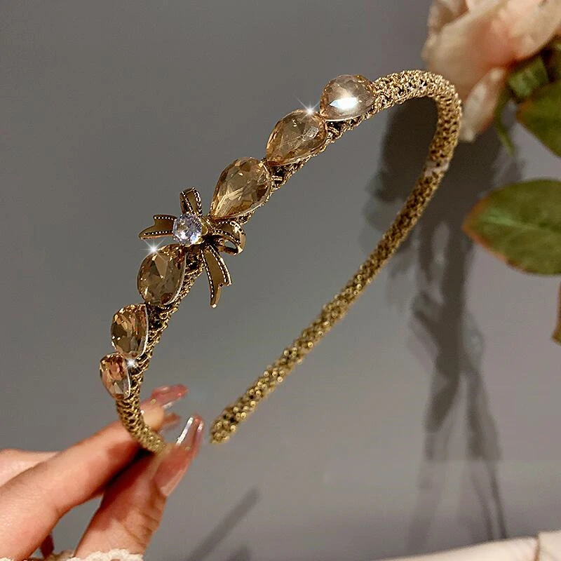 Bow Headband Retro Crystal Headbands Women Rhinestone Hair Band Jewelry Zircon Inlaid Alloy Hair Hoop Hair Accessories for Girls