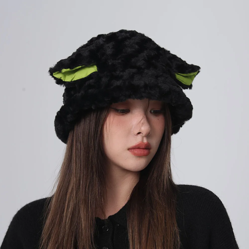 2024 NEW Funny Fashion Autumn Winter Leopard Fur Bucket Hat sheep Ear Ball Plush Fisherman Hat Soft Warm Thick Basin Bucket Hats