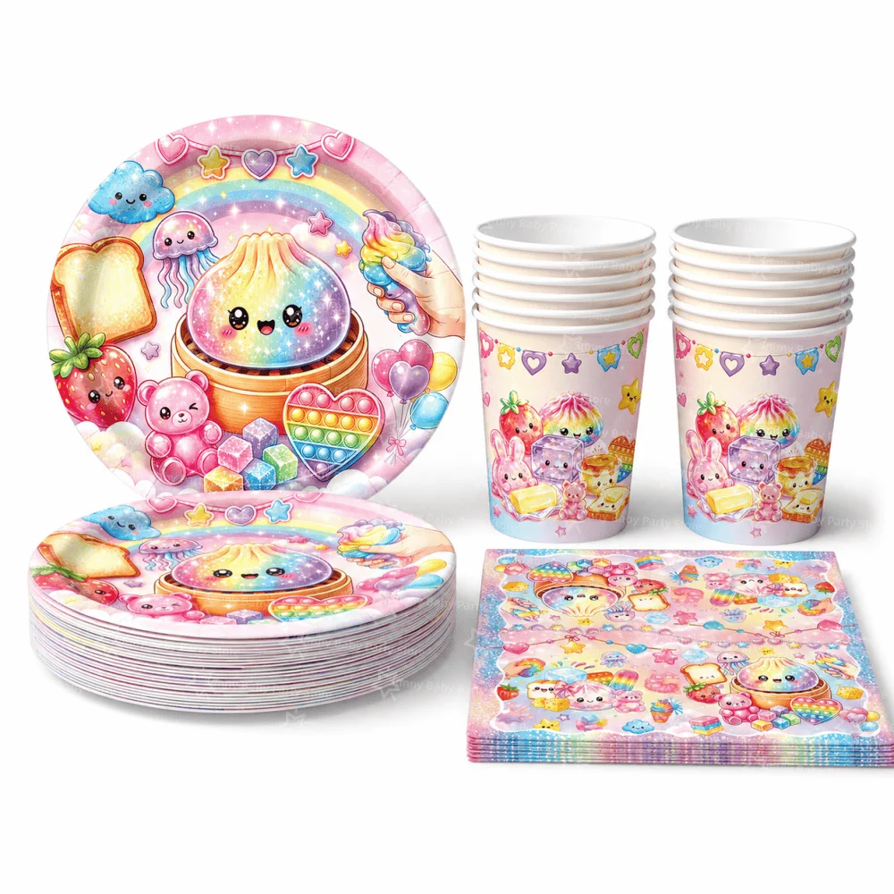 60 Stück Squishy Geburtstagsdekorations-Geschirr Rosa Spielzeug Einweg-Pappbecher Teller Servietten Party-Geschenke Babyparty-Spielzeug – Detail 5