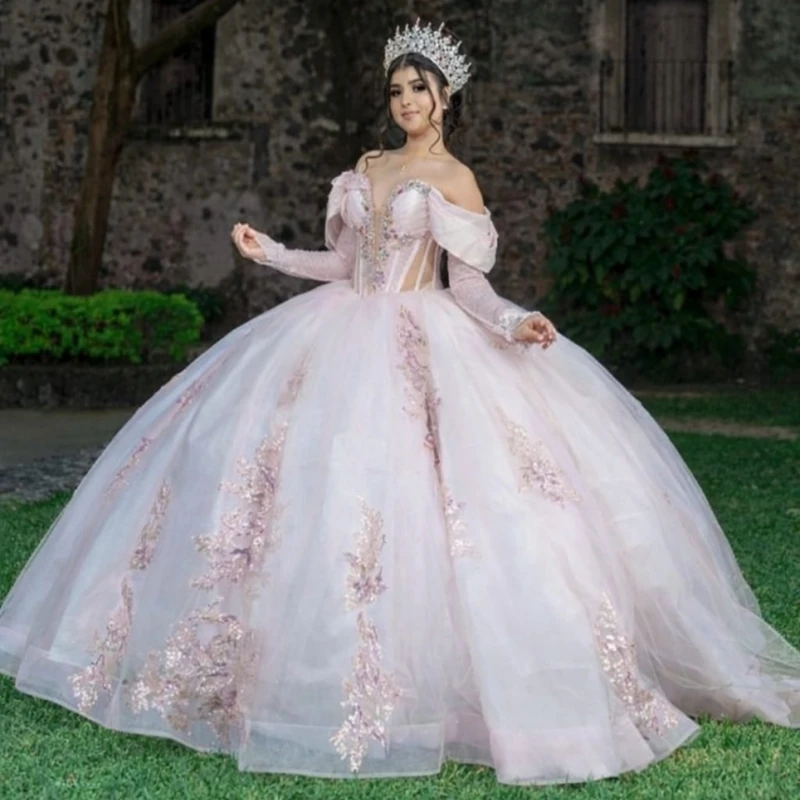 

Light Pink Shiny Ball Gown Quinceanera Dresses Sequin Applique Lace Beading Crystal Bow Tull Corset Off Shoulder Sweet 16 Dress