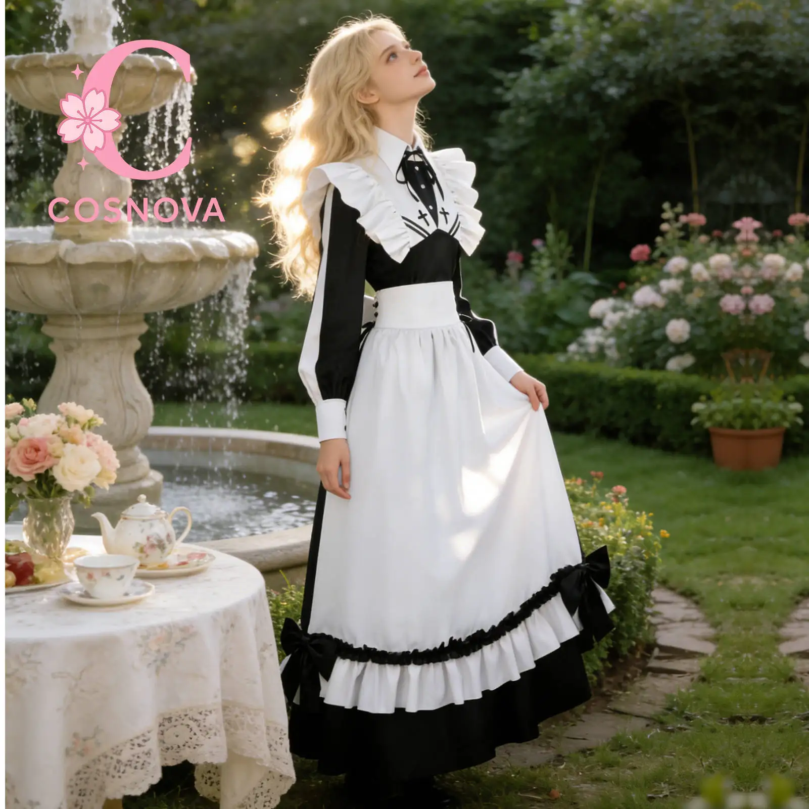 

Gothic Black White Ghost Maid Cosplay Dress Anime Style Long Sleeve Apron Ruffle Bow Lolita Costume for Women Masquerade Event