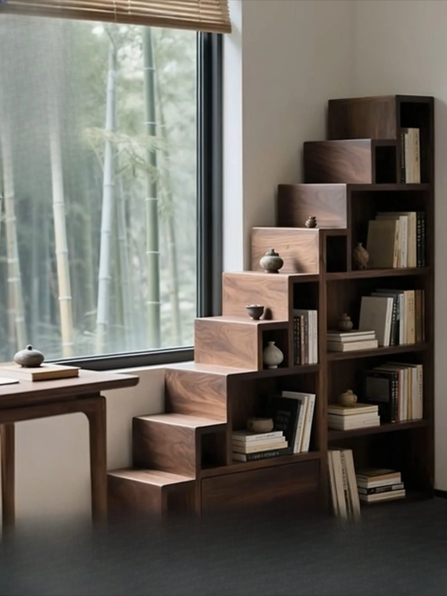 

Bookshelf Floor-to-ceiling Shelf 2025 new minimalist integrated wall-walled black walnut solid wood special-shaped trapezoidal b