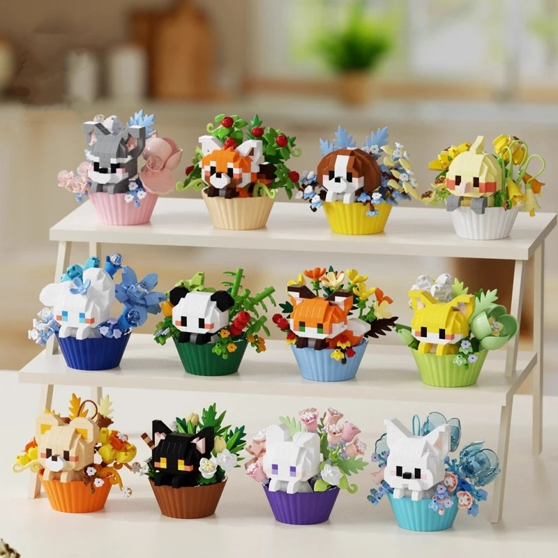 Cute dessert small animals potted bouquet cartoon doll panda puppy building block ornament children toys gift