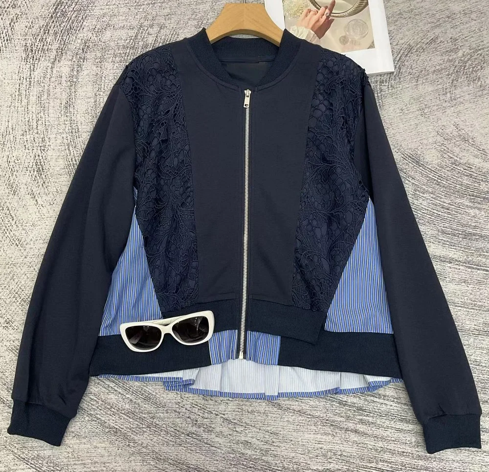 High Quality New Jackets 2026 Autumn Style Women Crochet Lace Embroidery Patchwork Long Sleeve Grey Dark Blue Casual Zip Coats