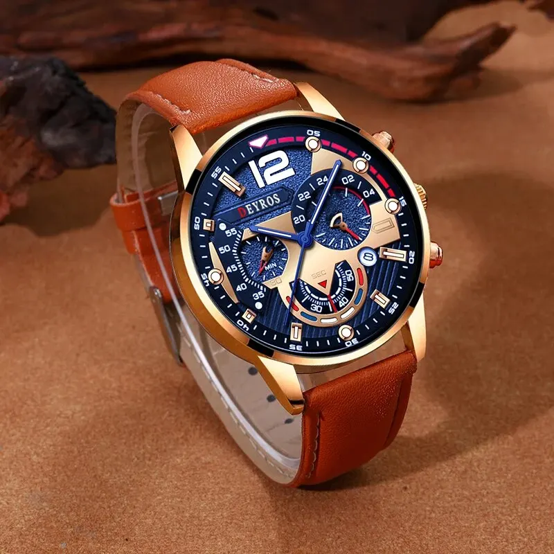 2PCS Set Fashion Mens Calendar Watches Luxury Male Business Casual Brown Leather Quartz Watch Men Bracelet Wrist Watch