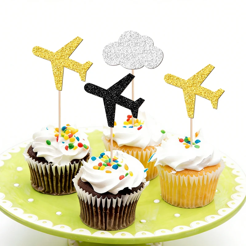 YOMDID 24 Stück Flugzeug-Kuchenaufsätze, mehrfarbig glitzernde Wolken-Flugzeug-Cupcake-Topper, Dekorationen, Kuchenaufsätze mit Reisethema – Detail 9