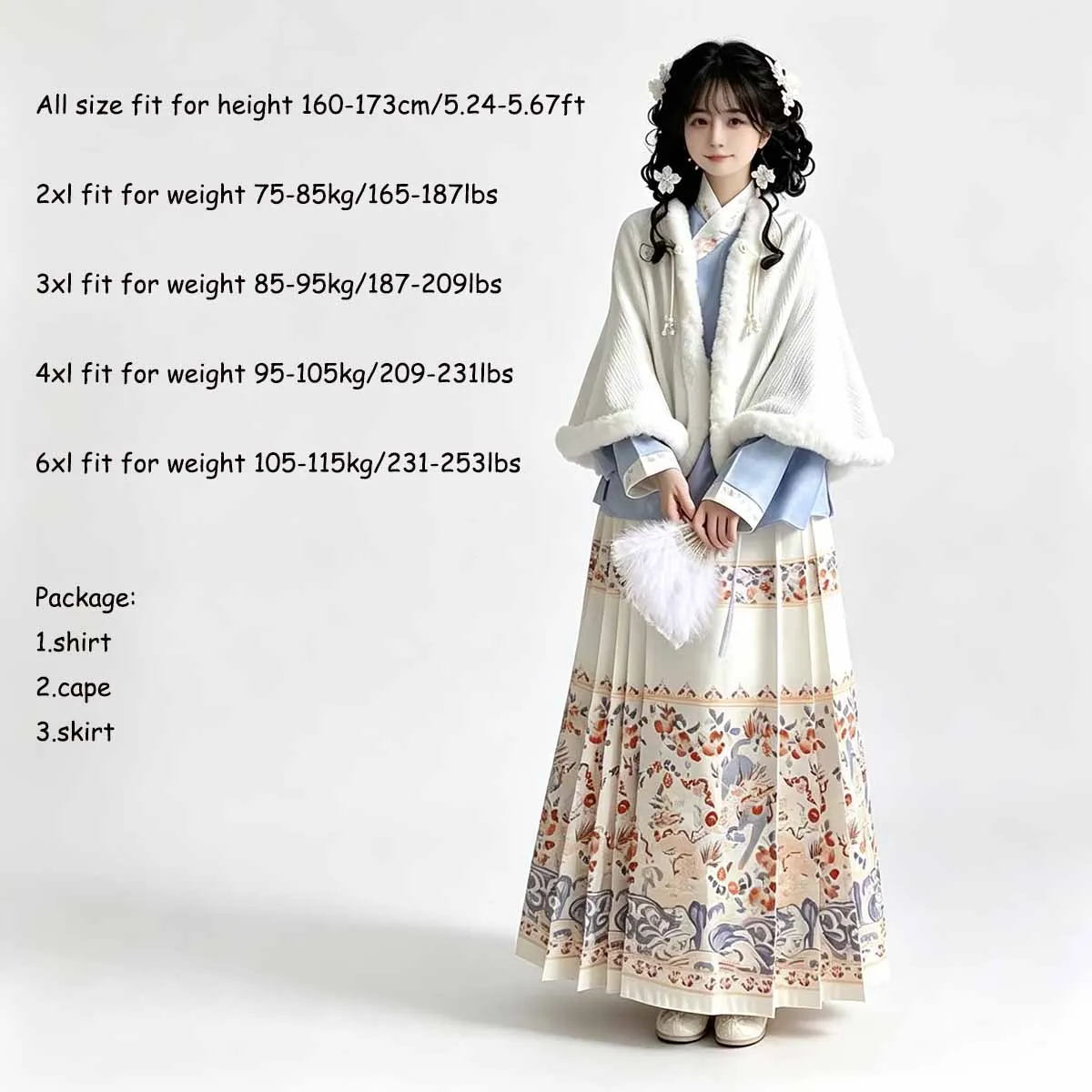 Plus Size Ming Style Hanfu Set for Women, 3Pcs Outfit Shirt + Cape + Floral Mamianqun Skirt, Chinese Traditional Hanfu Costume