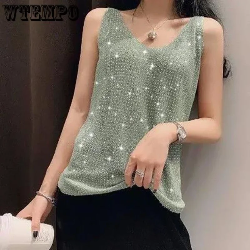 Summer Women's Ice Silk Diamond Camisole  Loose Sleeveless V-neck Bottoming Shirt Tank Crop Tops