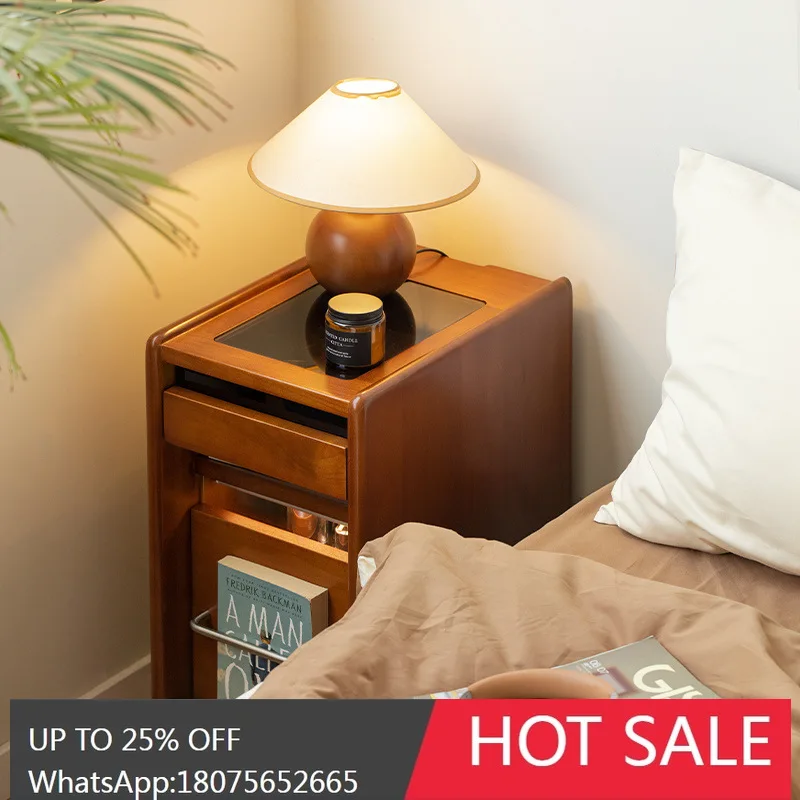 MJY Solid Wood Bedside Vintage Movable Bedside Storage Ultra Narrow Nightstand