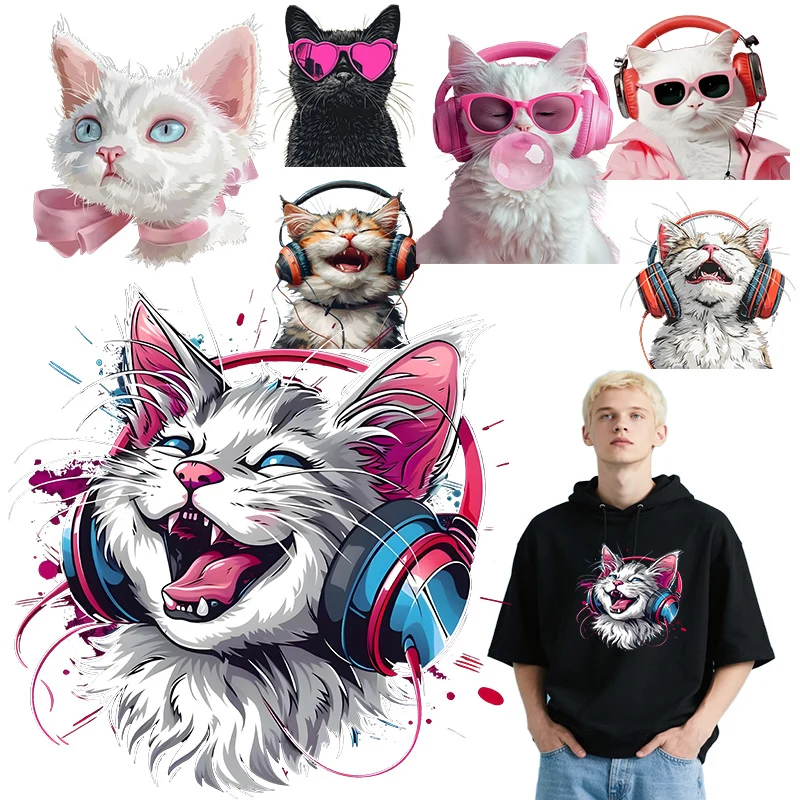 القط الاستماع إلى الموسيقى أزياء DTF الملابس صائق DIYT قميص حقيبة قماش سترة الفينيل التصحيح آلة قابل للغسل المياه قابل للغسل #1