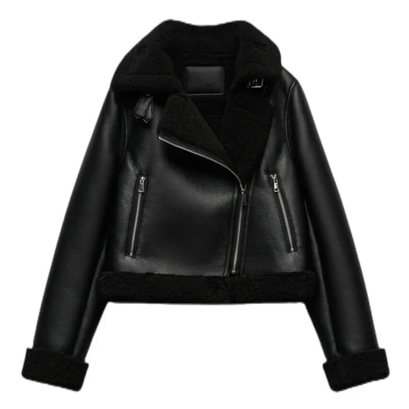 Pbza New Women's Black Warm Leather Jacket Double-sided Pu Faux Leather Clothing Women 8741267 800