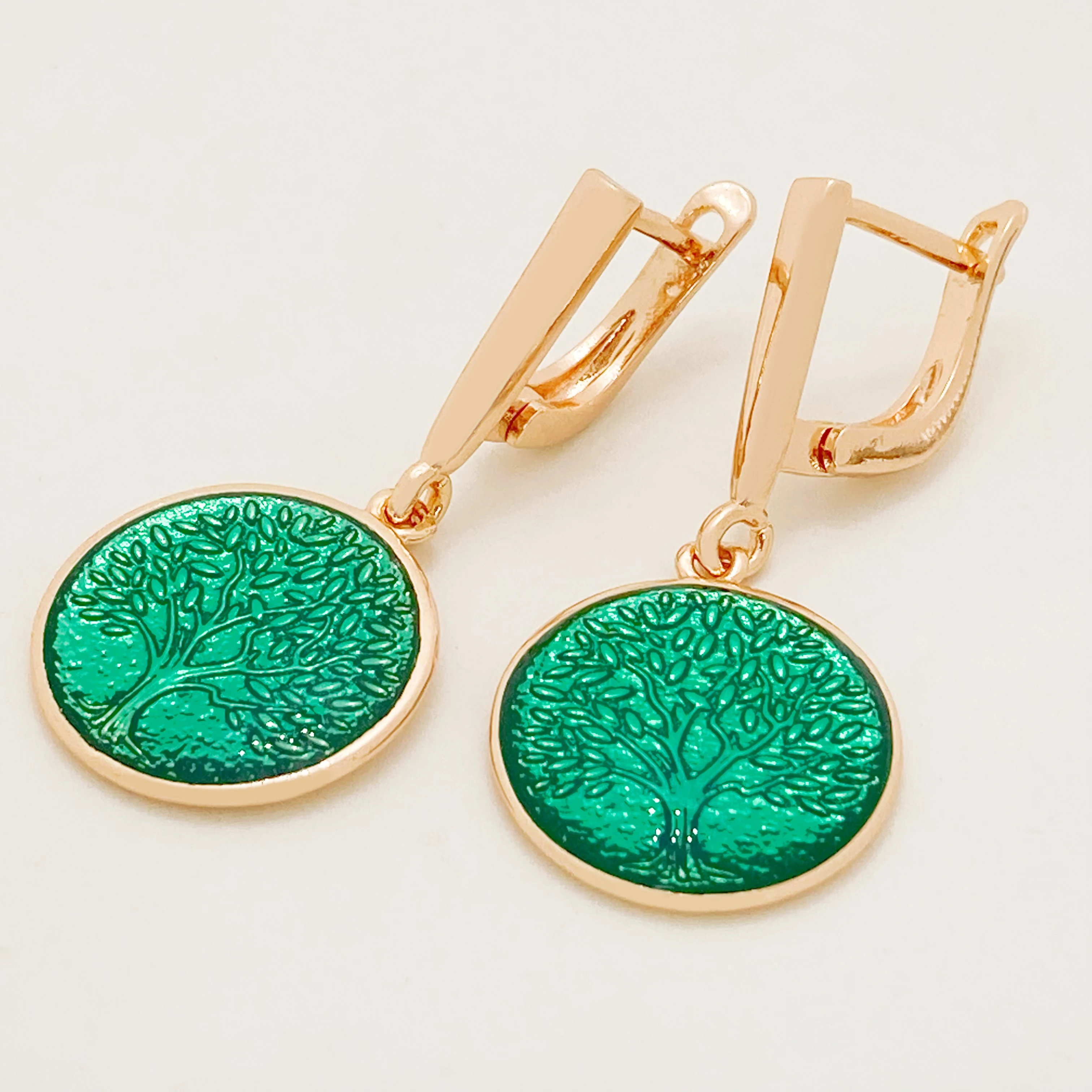 New Green Tree 585 Rose Gold Color Italy Draw Oil Painting Women Dangle Earrings Fine Exclusive Fashion Jewelry